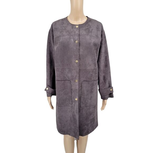BLVD Dark Gray Poly Sueded Long Line Trench Coat Duster Jacket Snap Closures - Picture 1 of 15